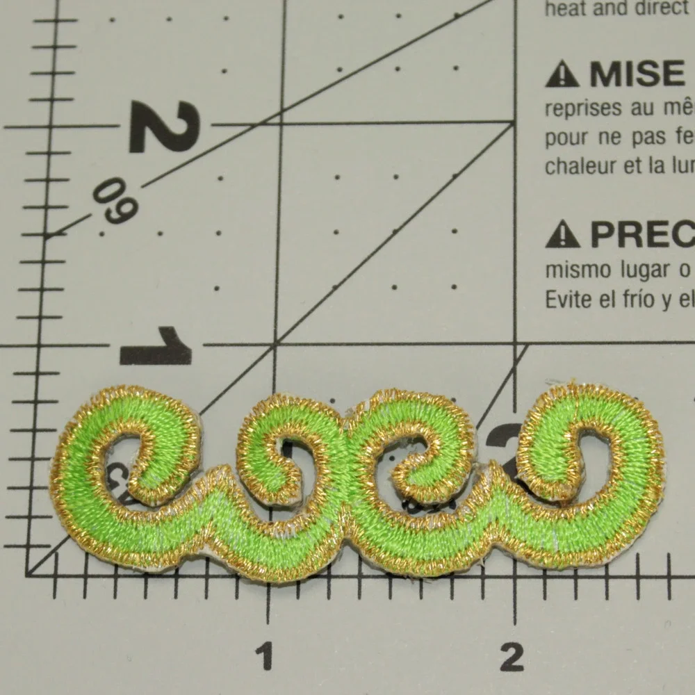 Green Gold Embroidered Iron On Applique Scroll Motif Patch Small Vintage